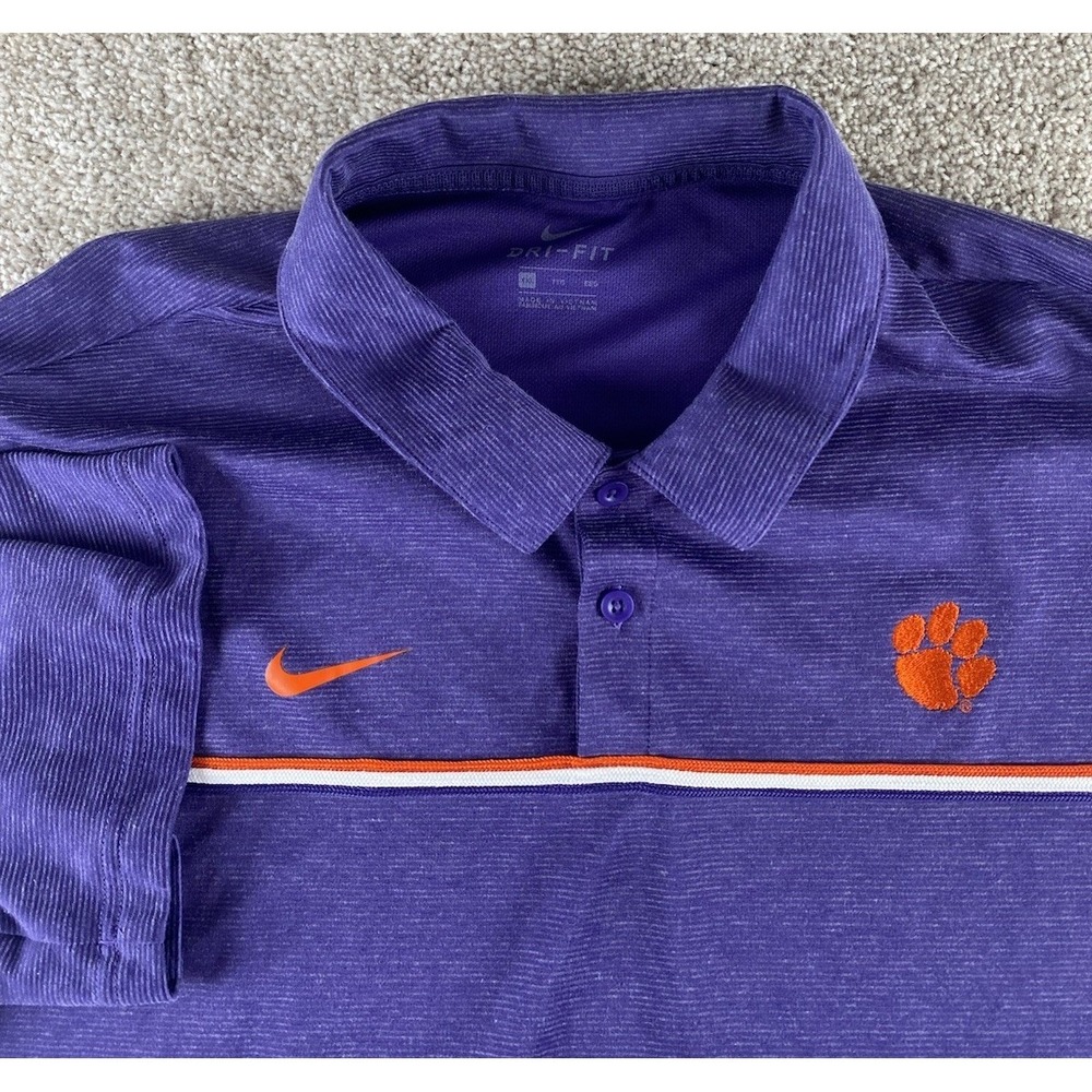 Nike Dri Fit Purple Striped Performance Polo Mens XXL Clemson Tigers Swoosh NCAA
